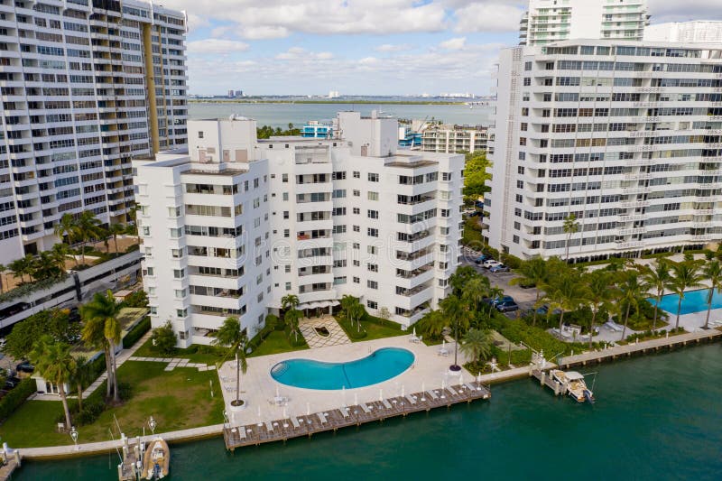 Belle Towers Condo building Miami Beach FL water side showing pool. USA