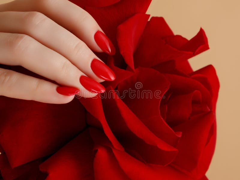 Beautiful female finger nails with red nail closeup on petals. Perfect manicure. High quality photo. Beautiful female finger nails with red nail closeup on petals. Perfect manicure. High quality photo