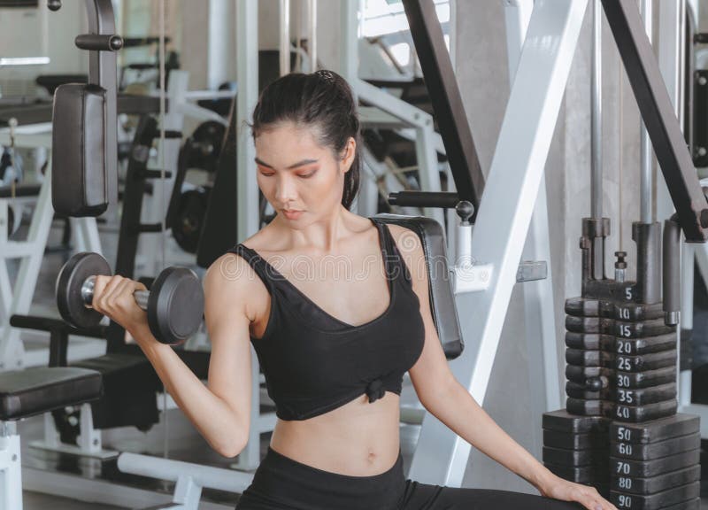 Belles femmes établissant dans le seul sport avec des haltères. Concept sain et d'exercice de style de vie