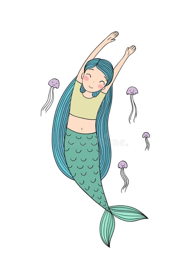 Belles petites sirène et méduses Sirène Thème de mer illustration libre de droits Belles petites sirène et méduses Sirène Thème de mer illustration libre de droits