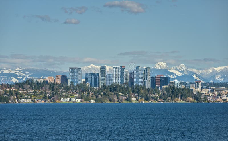 Bellevue, Washington and Cascade Mountains across Lake Washington