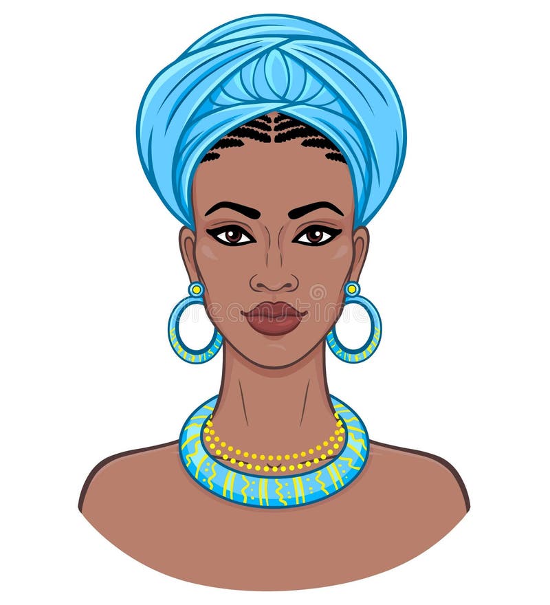 Belleza africana Retrato de la animación de la mujer negra joven en un turbante