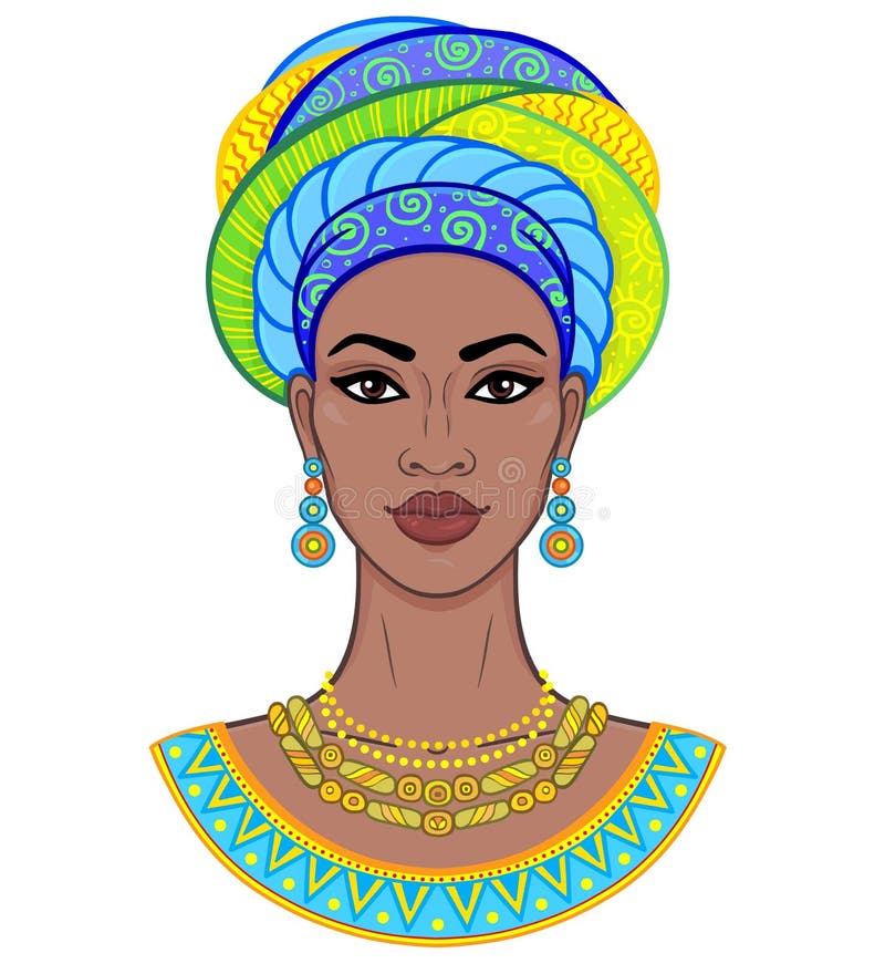 Belleza africana Retrato de la animación de la mujer negra joven en un turbante