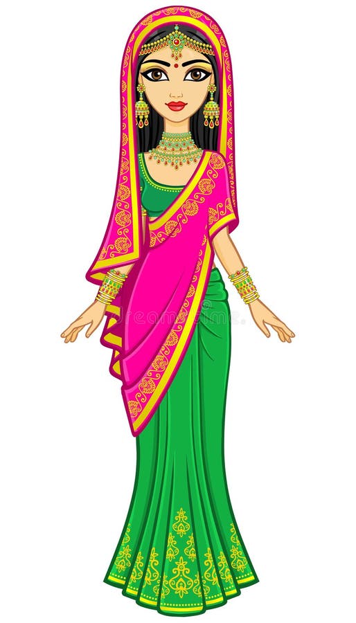 Belleza asiática Retrato de la animación de la muchacha india joven en ropa tradicional Princesa del cuento de hadas ilustración del vector Belleza asiática Retrato de la animación de la muchacha india joven en ropa tradicional Princesa del cuento de hadas ilustración del vector
