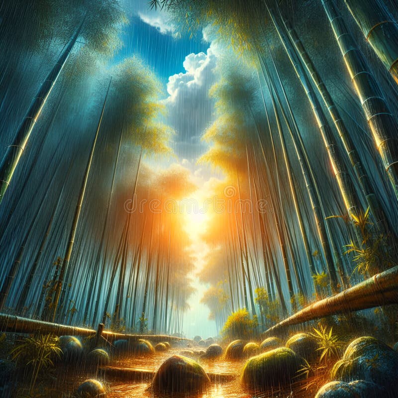 Belleza empapada : bambú en el ai generativo de la lluvia. libre illustration