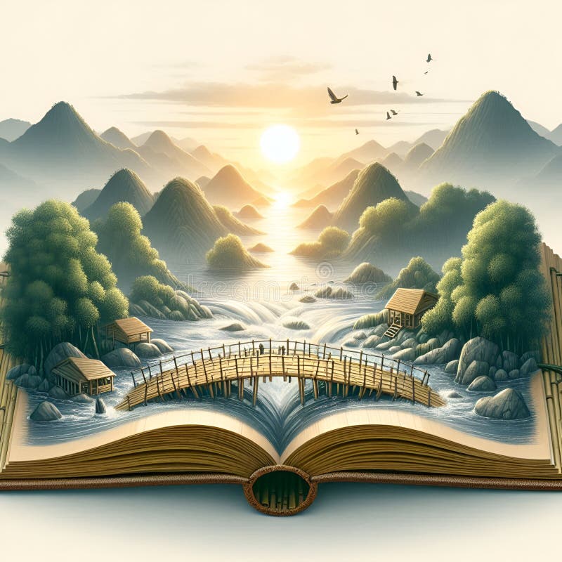 Belleza puente : puente de bambú sobre río en ai generativo de libro abierto. libre illustration