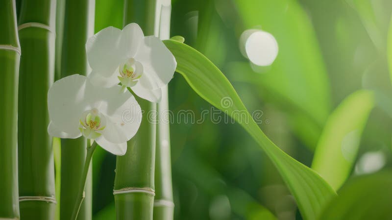Belleza serena : flor de orquídea blanca en medio de bambú exuberante ilustración del vector