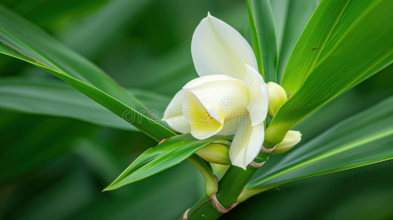 Belleza serena : flor de orquídea blanca y bambú en armonía stock de ilustración
