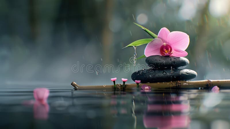 Belleza serena : rocas negras y bambú rosados en aguas tranquilas libre illustration