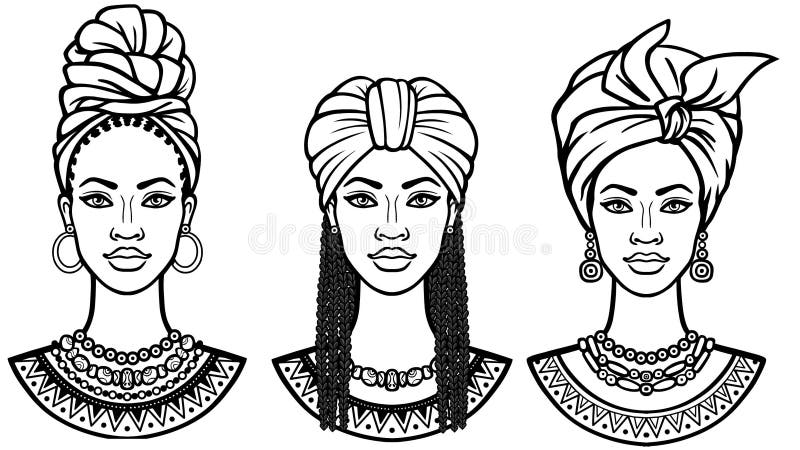 Bellezza africana: ritratto di animazione di bella donna di colore in turbanti differenti