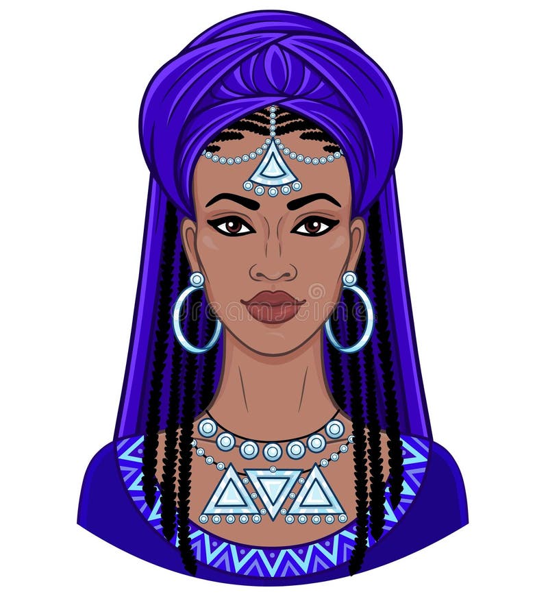 Bellezza africana Ritratto di animazione di giovane donna di colore in un turbante