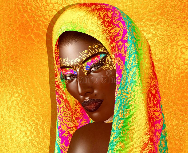 Bellezza afroamericana di modo con i cosmetici capi di scintillio e di velo