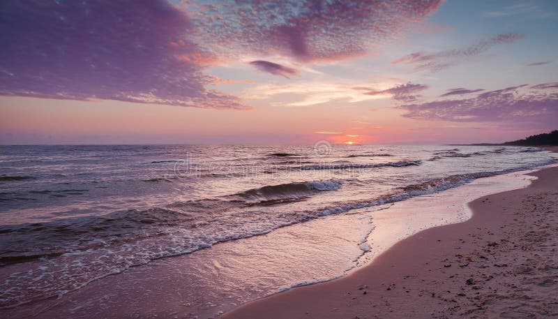 Bellissima alba sulla spiaggia del Mar Baltico. illustrazione di stock