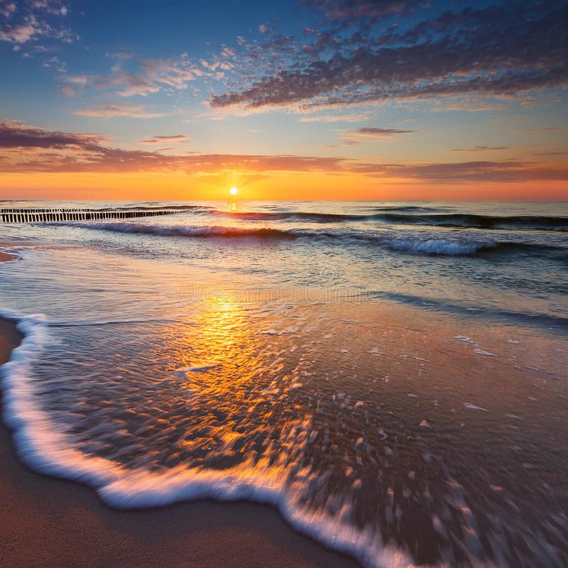 Bellissima alba sulla spiaggia del Mar Baltico. illustrazione di stock