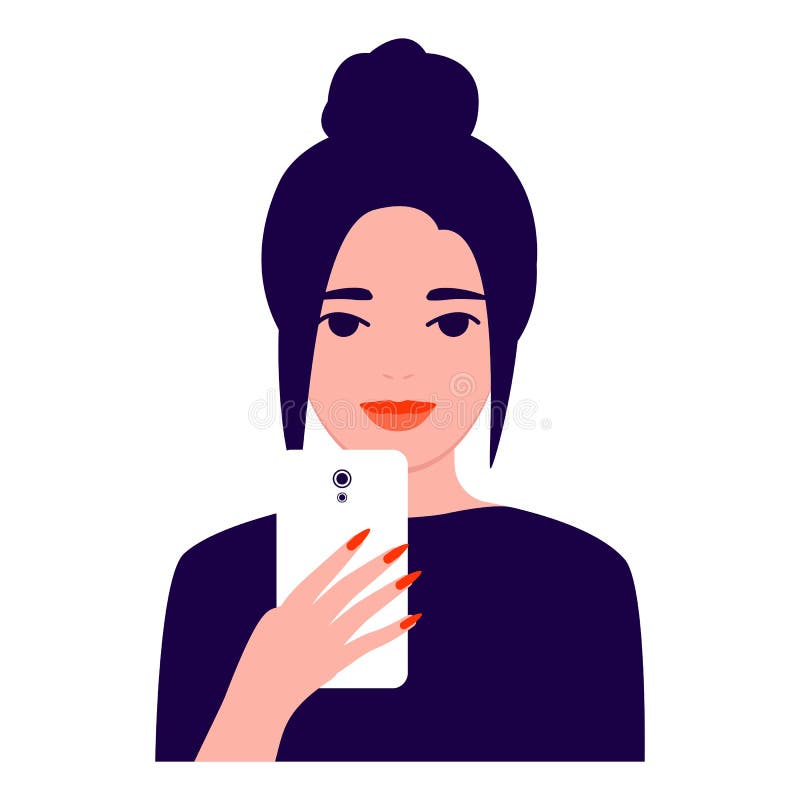 Bellissima giovane donna col cellulare, vista frontale La ragazza fa selfie Fotografia, lettura, chat Smartphone e illustrazione di stock Bellissima giovane donna col cellulare, vista frontale La ragazza fa selfie Fotografia, lettura, chat Smartphone e illustrazione di stock
