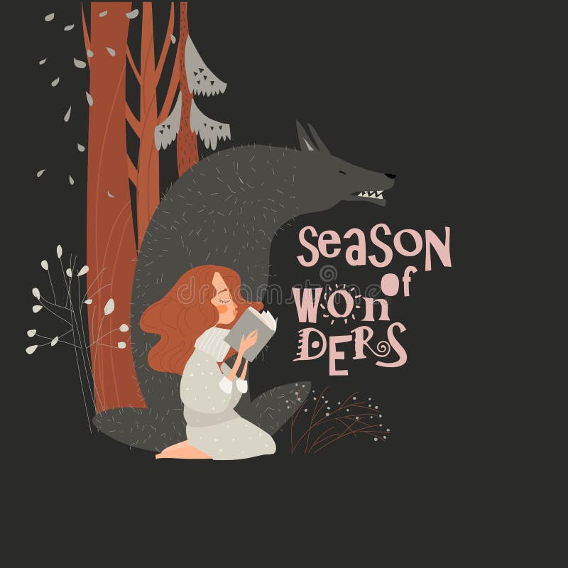 Bellissima ragazza che legge un libro con il lupo nero nella foresta autunnale royalty illustrazione gratis