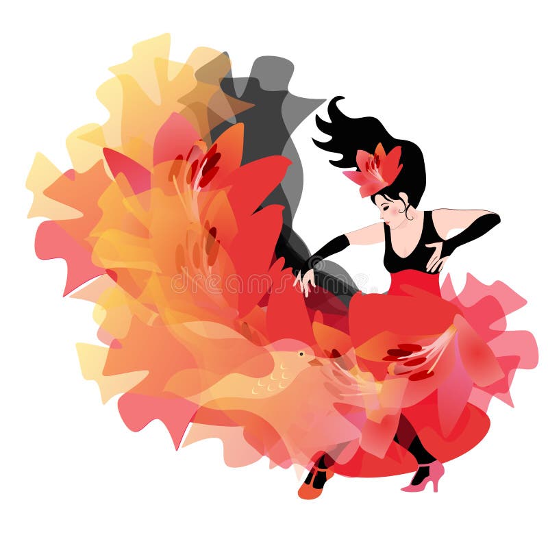 Bellissima ragazza dai capelli neri che danza flamenco, isolata su uno sfondo bianco Le orme del vestito si alzano come una fiamm illustrazione vettoriale Bellissima ragazza dai capelli neri che danza flamenco, isolata su uno sfondo bianco Le orme del vestito si alzano come una fiamm illustrazione vettoriale