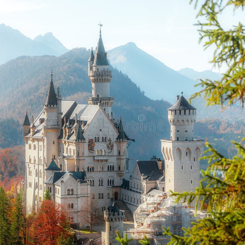 Bellissima vista del famoso castello di Neuschwanstein con montagne alpine sullo sfondo, sotto il sole Padiglione meraviglioso immagini stock libere da diritti Bellissima vista del famoso castello di Neuschwanstein con montagne alpine sullo sfondo, sotto il sole Padiglione meraviglioso immagini stock libere da diritti