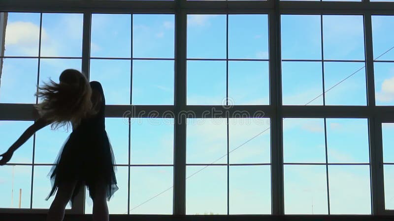 Bello ballerino di balletto femminile su un fondo blu La ballerina sta indossando le scarpe del pointe e del tutu Siluetta