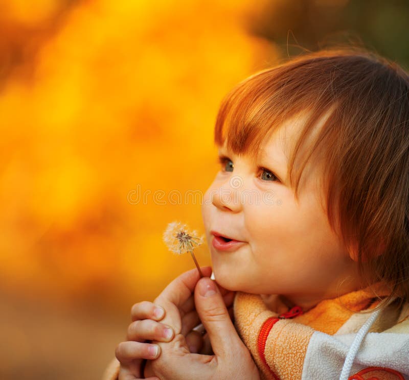 Bello bambino che soffia via il fiore del dente di leone fotografia stock libera da diritti Bello bambino che soffia via il fiore del dente di leone fotografia stock libera da diritti