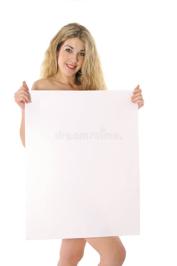 Bello blonde nudo che tiene un segno in bianco immagini stock Bello blonde nudo che tiene un segno in bianco immagini stock