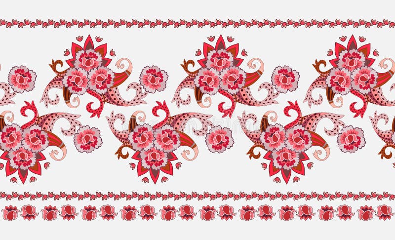 Bello confine horisontal nello stile etnico Rose, tulipani ed ornamento stilizzati di Paisley su fondo bianco Illustrazione di ve illustrazione di stock Bello confine horisontal nello stile etnico Rose, tulipani ed ornamento stilizzati di Paisley su fondo bianco Illustrazione di ve illustrazione di stock