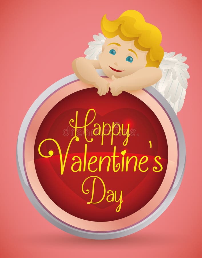 Bello cupido biondo dietro il bottone della festa del biglietto di S. Valentino, illustrazione di vettore illustrazione di stock Bello cupido biondo dietro il bottone della festa del biglietto di S. Valentino, illustrazione di vettore illustrazione di stock