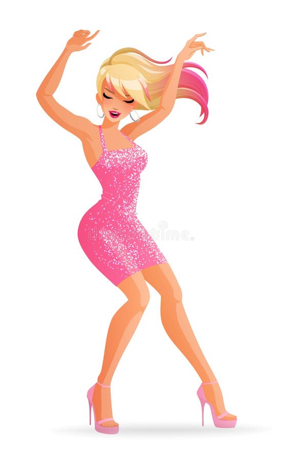 Bello dancing affascinante della giovane donna del fumetto in tacchi alti Illustrazione di vettore isolata su priorità bassa bian illustrazione di stock