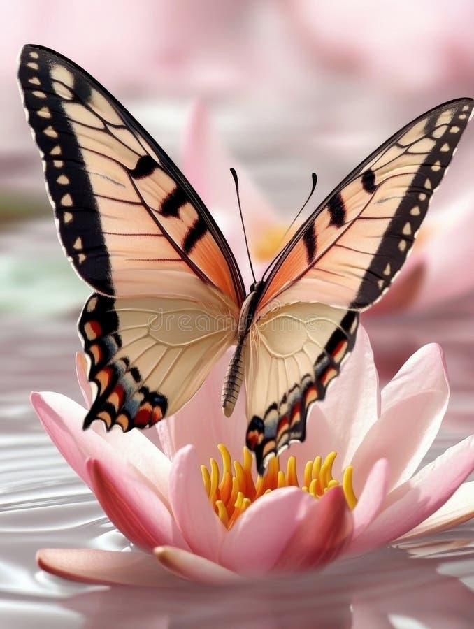 Bello farfalla su un fiore di Lily Rosa Fiore di natura Natura Stagno morbido Bambino Bocca di colore royalty illustrazione gratis