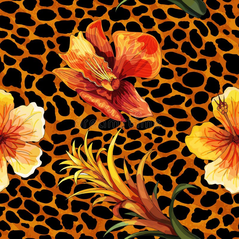 Bello fiore di fioritura su pelle animale Stampa senza cuciture di vettore del modello del leopardo royalty illustrazione gratis Bello fiore di fioritura su pelle animale Stampa senza cuciture di vettore del modello del leopardo royalty illustrazione gratis