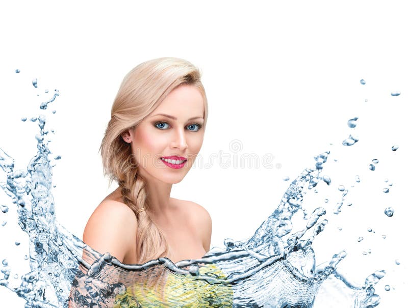 Beautiful young woman face with clean water splash isolated on white background. Beautiful young woman face with clean water splash isolated on white background