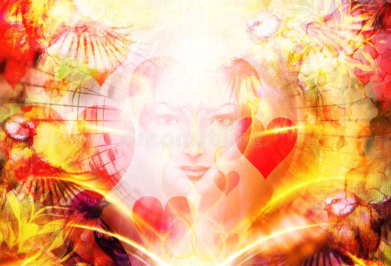 Bello fronte di essere mistico con le note di musica, i cuori e gli uccelli di volo, simbolo della musa di musica royalty illustrazione gratis Bello fronte di essere mistico con le note di musica, i cuori e gli uccelli di volo, simbolo della musa di musica royalty illustrazione gratis