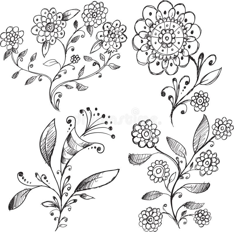 Bello insieme di vettore dei fiori di scarabocchio illustrazione vettoriale