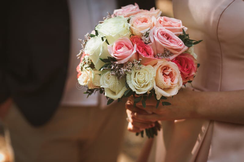 Bello mazzo di nozze delle rose crema in mani della sposa fotografia stock Bello mazzo di nozze delle rose crema in mani della sposa fotografia stock