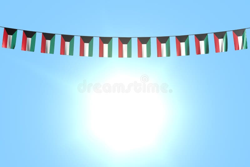 Bello molte bandiere o insegne del Kuwait che appendono sulla corda sul fondo del cielo blu - qualsiasi illustrazione della bandi illustrazione vettoriale Bello molte bandiere o insegne del Kuwait che appendono sulla corda sul fondo del cielo blu - qualsiasi illustrazione della bandi illustrazione vettoriale