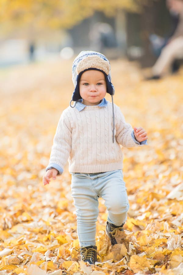 Bello neonato che cammina per gettare le foglie di autunno al parco fotografia stock Bello neonato che cammina per gettare le foglie di autunno al parco fotografia stock