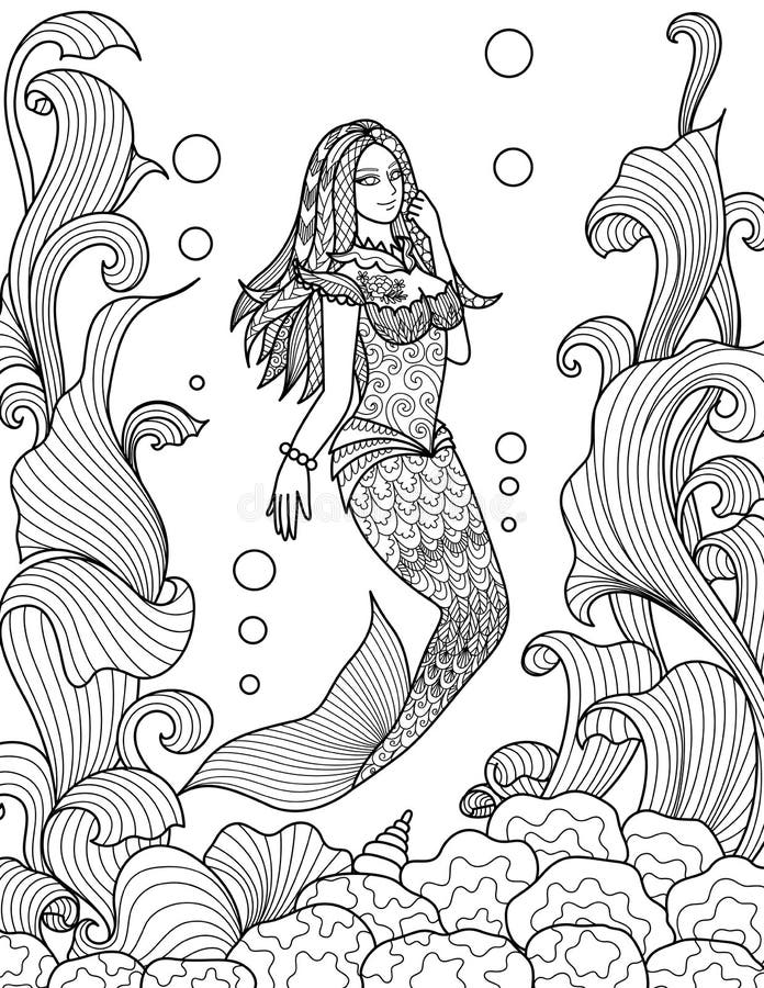 Bello nuoto della sirena sotto il mare per le pagine adulte del libro da colorare Illustrazione di vettore