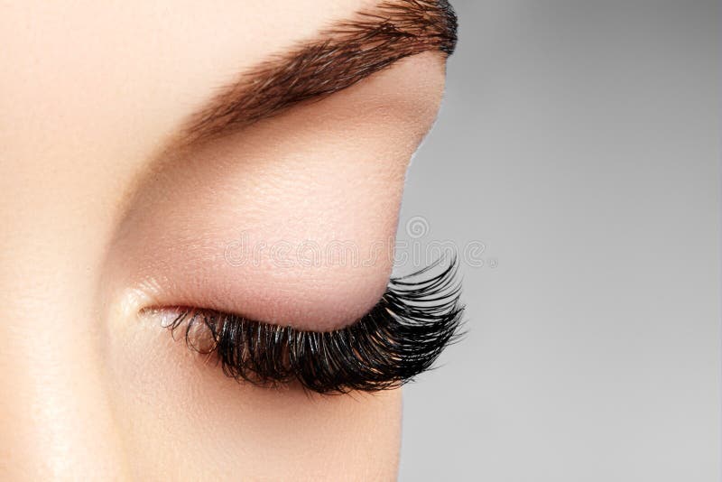 Bello occhio femminile con i cigli lunghi estremi, trucco nero della fodera Trucco perfetto, sferze lunghe Occhi di modo del prim