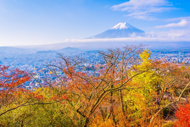 Bello paesaggio della montagna Fuji intorno all'albero della foglia di acero nella stagione di autunno fotografia stock