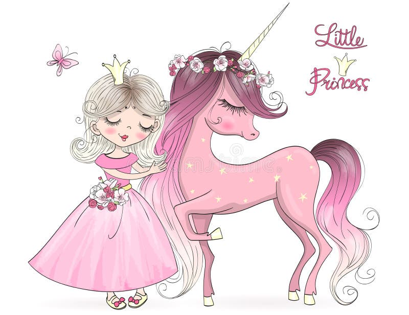 Bello piccolo unicorno sveglio disegnato a mano con la ragazza di principessa