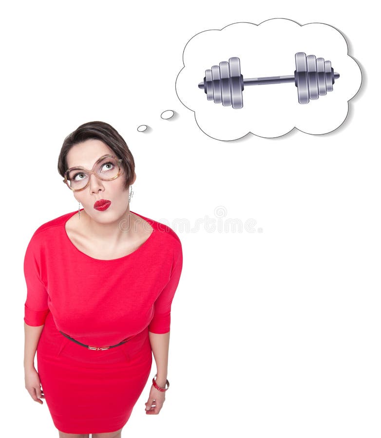 Bello più la donna di dimensione che pensa allo sport immagine stock libera da diritti Bello più la donna di dimensione che pensa allo sport immagine stock libera da diritti