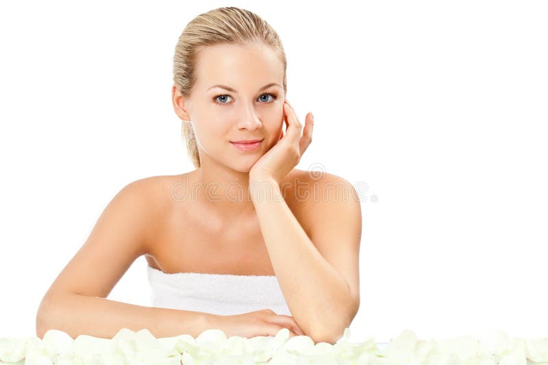 Bellissimo ritratto di donna su sfondo bianco fotografia stock