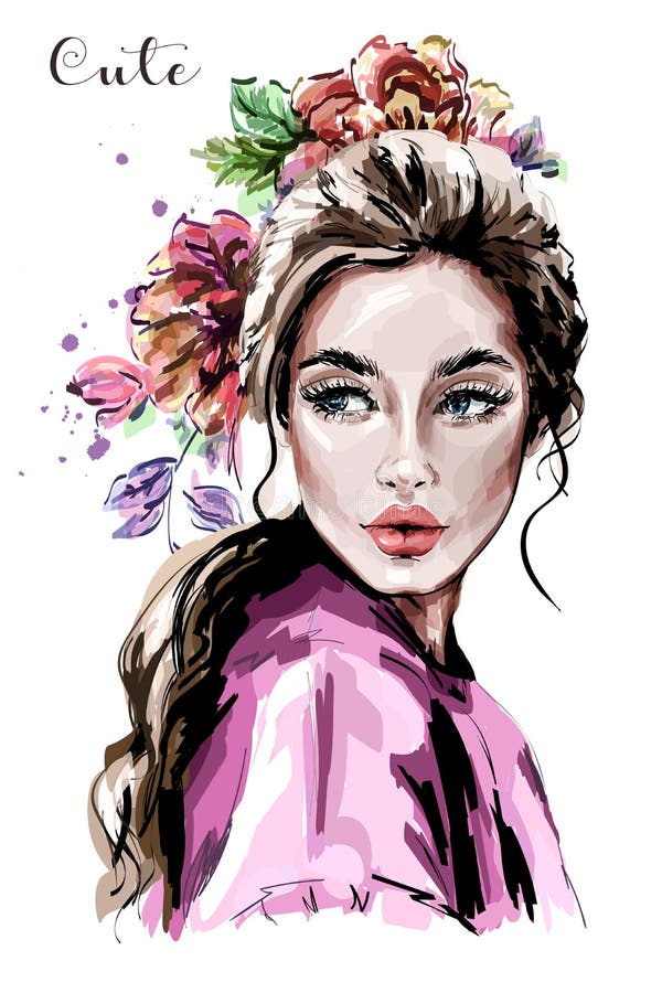 Bello ritratto disegnato a mano della giovane donna Donna di modo Ragazza sveglia con i fiori