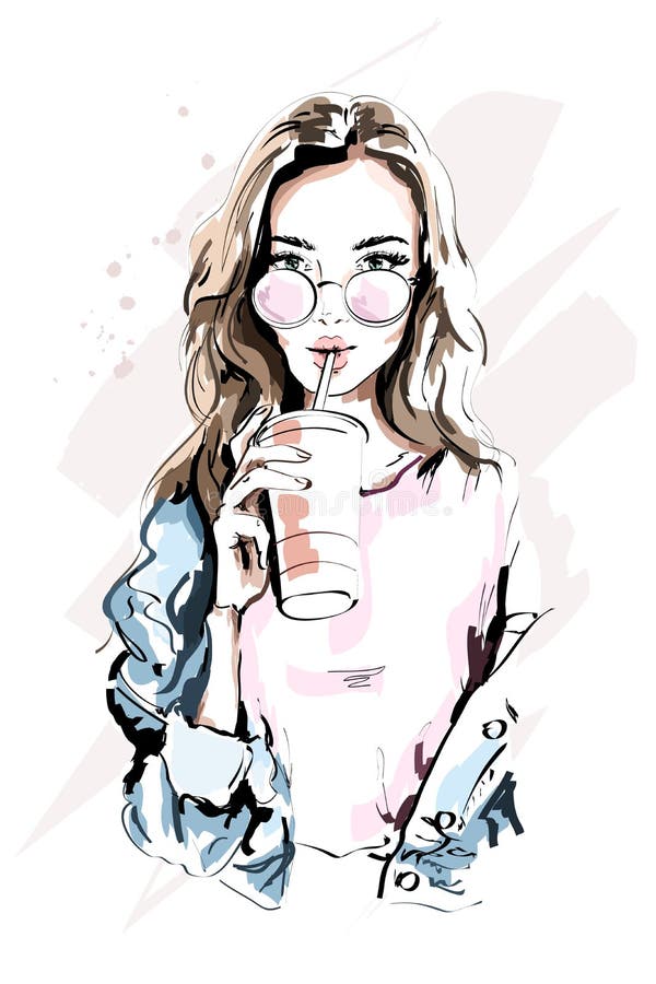 Bello ritratto disegnato a mano della giovane donna Ragazza di modo con la tazza di caffè Donna alla moda in occhiali da sole