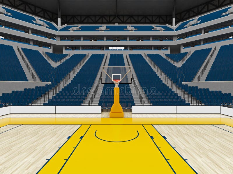 3D render of beautiful sports arena for basketball with floodlights , VIP boxes and blue seats for twenty thousand fans. 3D render of beautiful sports arena for basketball with floodlights , VIP boxes and blue seats for twenty thousand fans
