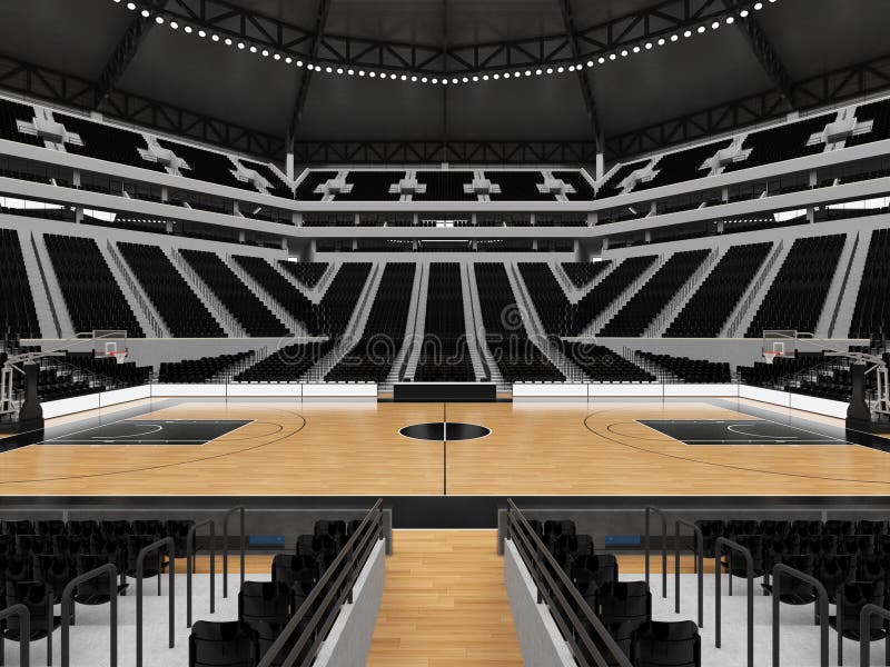 3D render of beautiful sports arena for basketball with floodlights , VIP boxes and black seats for twenty thousand fans. 3D render of beautiful sports arena for basketball with floodlights , VIP boxes and black seats for twenty thousand fans