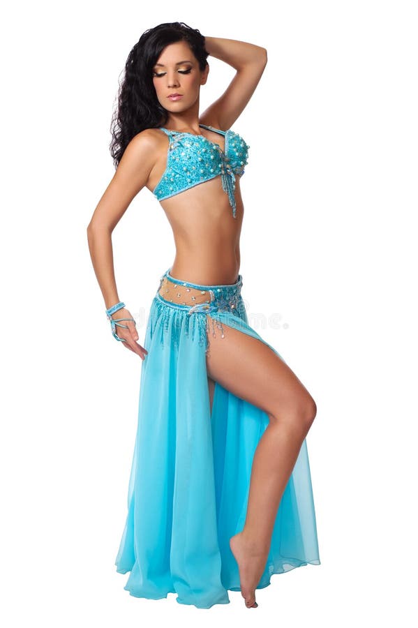 Belly dancer wearing a light blue costume