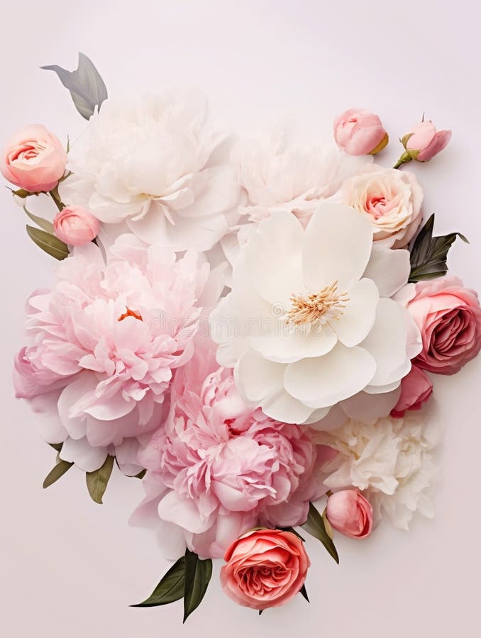 Generative AI : Beautiful floral design of gentle pink roses and white peony in delicate pastel colors Floral frame for congratulations business concept. Generative AI : Beautiful floral design of gentle pink roses and white peony in delicate pastel colors Floral frame for congratulations business concept.