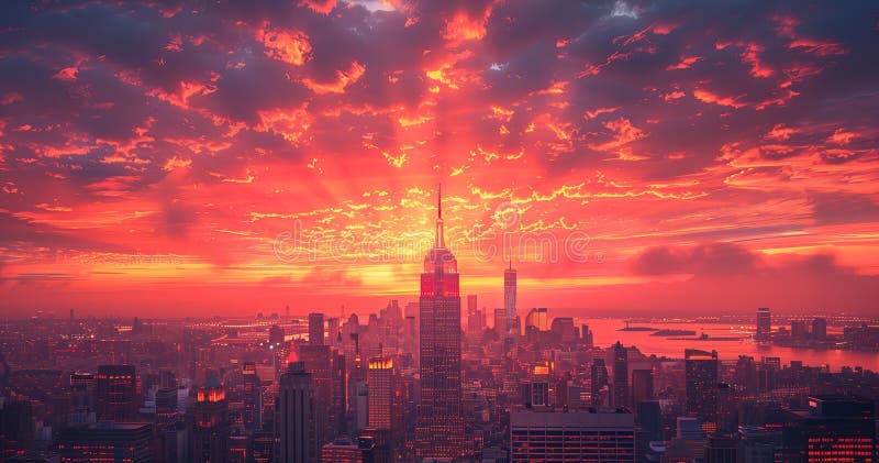 Belo pôr do sol com o céu cor de laranja e vermelho na cidade de nova iorque de cima
