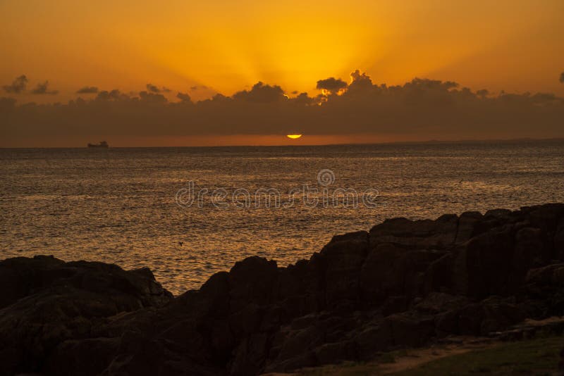 Belo pôr do sol dramático com cores amarelas e laranja. espetáculo da natureza fotos de stock royalty free